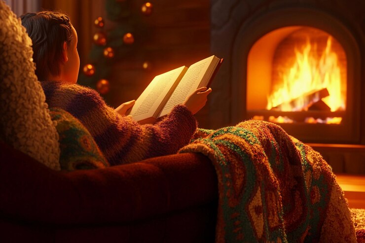Una noche acogedora junto a la chimenea con un niño leyendo un libro en una sala de estar cálida IA generativa