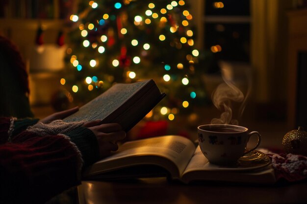 Una noche acogedora de lectura con una bebida caliente junto al árbol de Navidad IA generativa