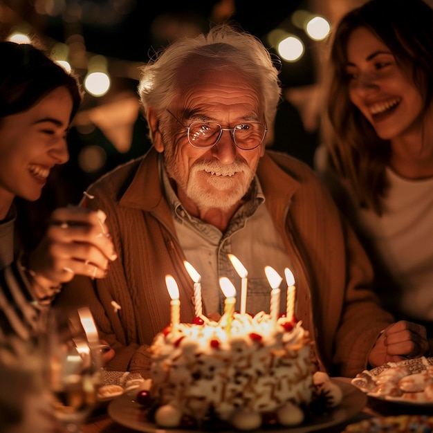 Noche de aniversario de cumpleaños del abuelo fiesta evento celebración con pastel y velas un anciano anciano frente a la luz de las velas y la gente a su alrededor celebrando todos juntos la edad divirtiéndose riendo