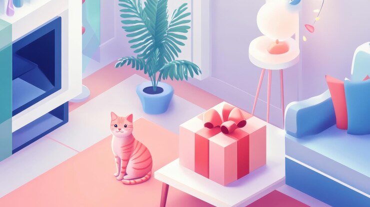 Noche de Año Nuevo isométrica con adornos brillantes regalos y interior elegante gato juguetón añadiendo encanto festivo brillantes Navidad Noche de año nuevo