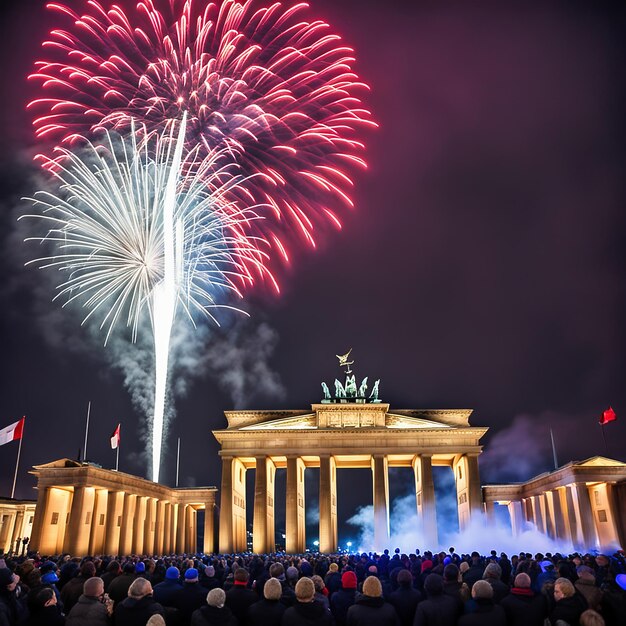 Noche de Año Nuevo en la Puerta de Brandeburgo Fuegos artificiales de Año nuevo en el cielo de Berlín