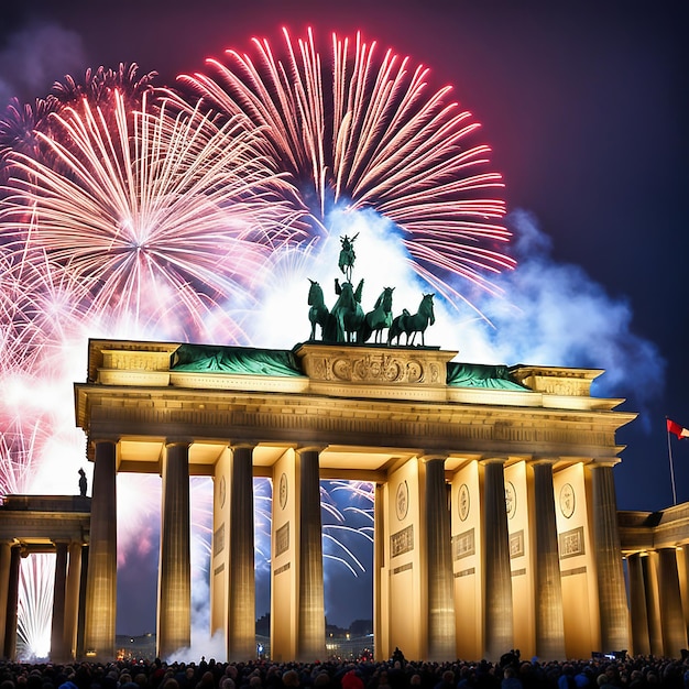 Noche de Año Nuevo en la Puerta de Brandeburgo Fuegos artificiales de Año nuevo en el cielo de Berlín