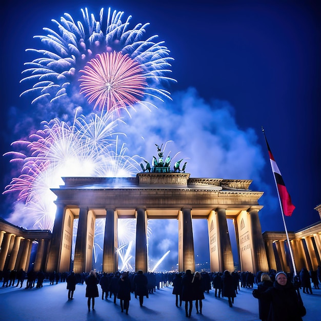 Noche de Año Nuevo en la Puerta de Brandeburgo Fuegos artificiales de Año nuevo en el cielo de Berlín