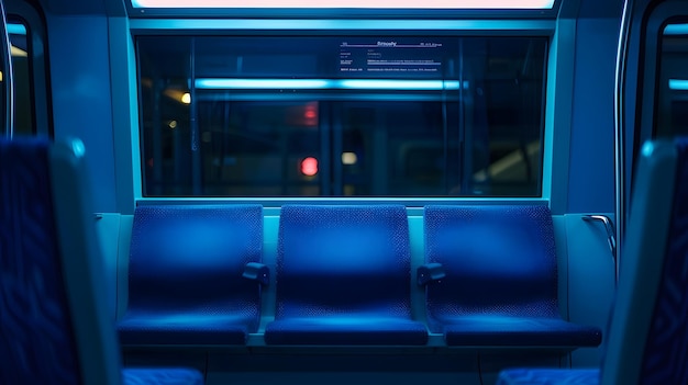 Foto por la noche, asientos de metro azules vacíos con una ventana oscura por encima mirando hacia afuera y un grito de ia generativa