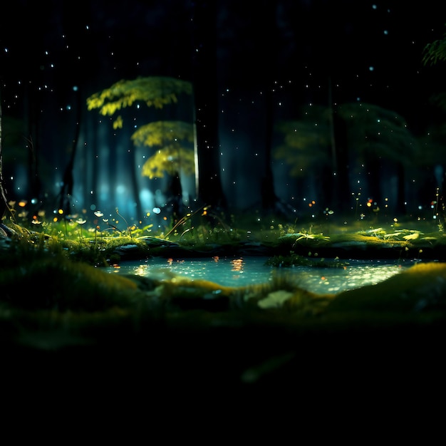 Noche del bosque con luces brillantes y niebla y partículas voladoras Naturaleza Inspiraciones generativas ai