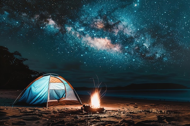 Noche de campamento bajo las estrellas con tienda y fogata en la playa