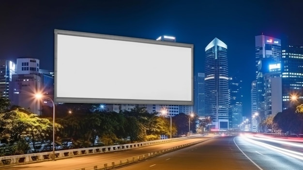 Por la noche, una cartelera de carretera blanca en blanco con un fondo de paisaje urbano de Singapur Afiche de publicidad callejera generativa de IA