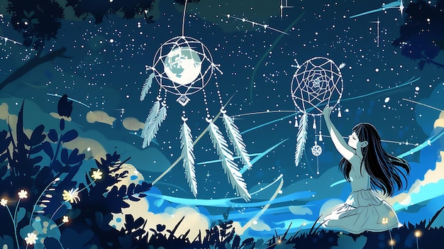 La noche del cazador de sueños Una chica bajo un cielo estrellado con los cazadores de sueños