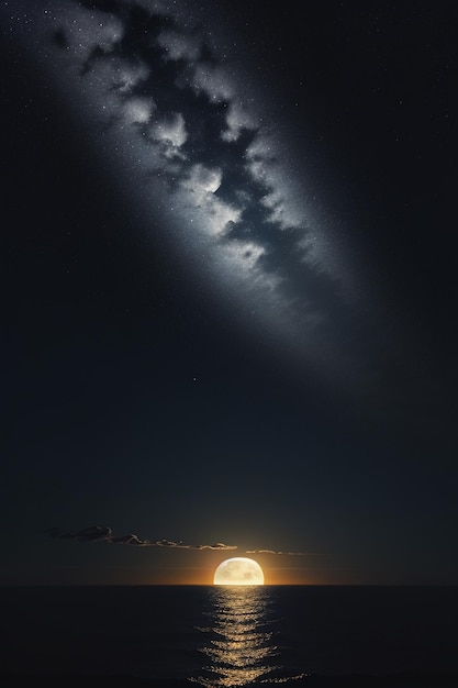 Noche cielo estrellado luz de la luna brillando en el agua del mar pensamientos solitarios fondo de pantalla banner