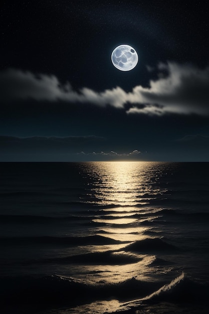 Foto noche cielo estrellado luz de la luna brillando en el agua del mar pensamientos solitarios fondo de pantalla banner