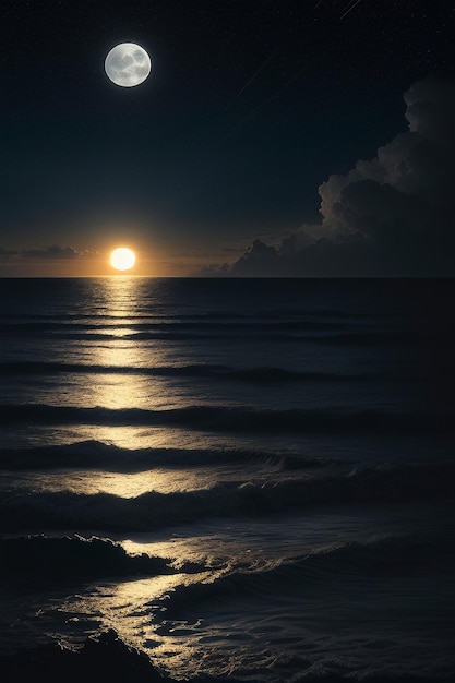Foto noche cielo estrellado luz de la luna brillando en el agua del mar pensamientos solitarios fondo de pantalla banner