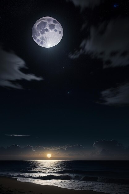 Noche cielo estrellado luz de la luna brillando en el agua del mar pensamientos solitarios fondo de pantalla banner