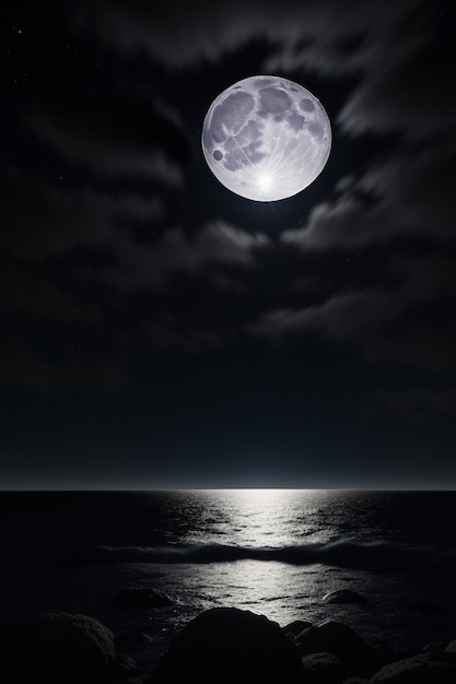 Foto noche cielo estrellado luz de la luna brillando en el agua del mar pensamientos solitarios fondo de pantalla banner