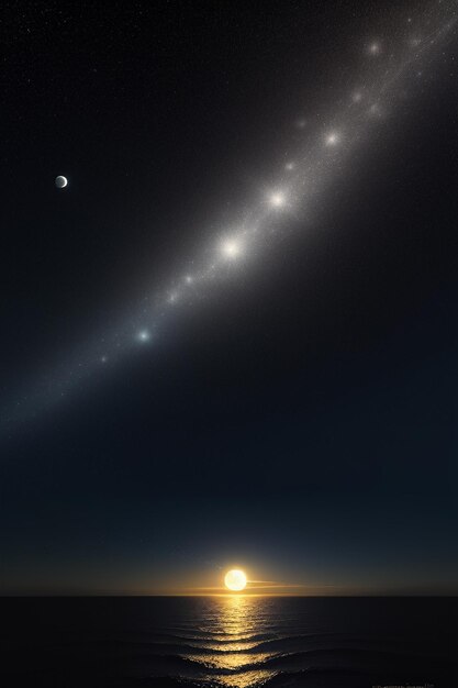 Noche cielo estrellado luz de la luna brillando en el agua del mar pensamientos solitarios fondo de pantalla banner