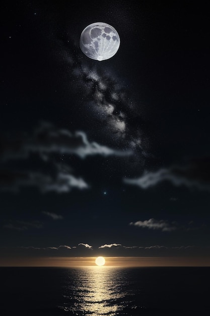 Noche cielo estrellado luz de la luna brillando en el agua del mar pensamientos solitarios fondo de pantalla banner