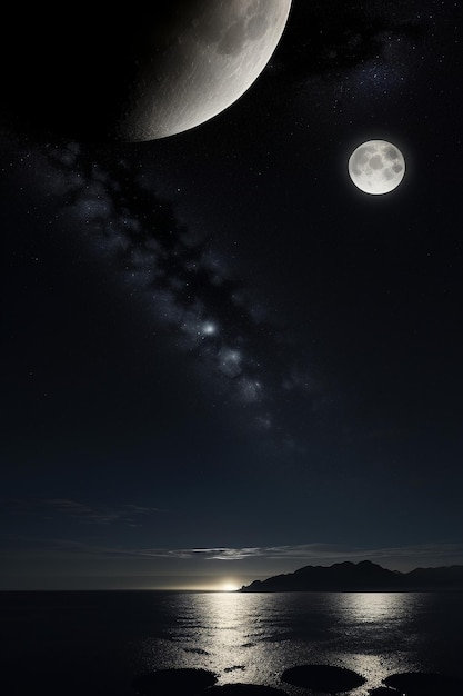 Noche cielo estrellado luz de la luna brillando en el agua del mar pensamientos solitarios fondo de pantalla banner
