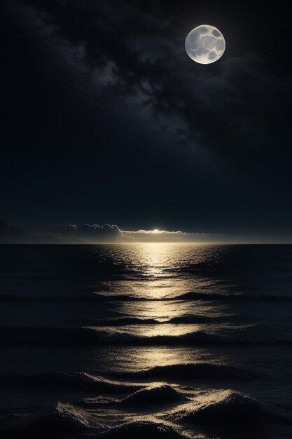 Noche cielo estrellado luz de la luna brillando en el agua del mar pensamientos solitarios fondo de pantalla banner