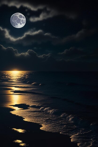 Noche cielo estrellado luz de la luna brillando en el agua del mar pensamientos solitarios fondo de pantalla banner