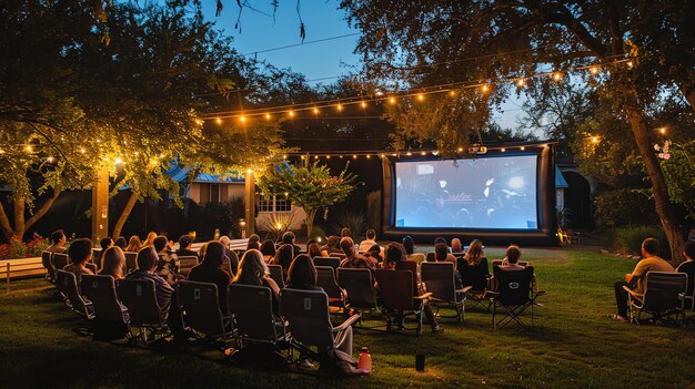 Una noche de cine al aire libre en un patio trasero La gente está sentada en sillas y sobre mantas viendo una película en una pantalla grande