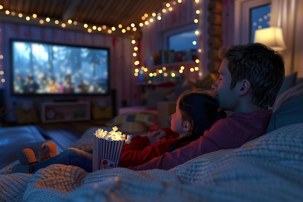 Foto noche de cine familiar con palomitas de maíz