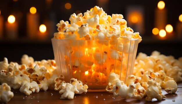 Foto noche de cine indulgente caramelos de palomitas de maíz y luces de vela brillantes generadas por ia