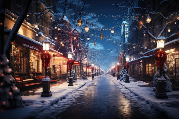 Noche ciudad invierno calle nevada decorada con guirnaldas luminosas y linternas para Navidad