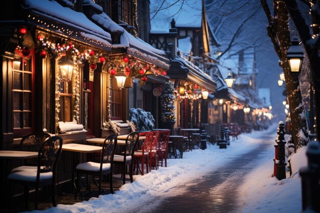 Noche ciudad invierno calle nevada decorada con guirnaldas luminosas y linternas para Navidad