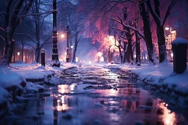 Noche ciudad invierno calle nevada decorada con guirnaldas luminosas y linternas para Navidad