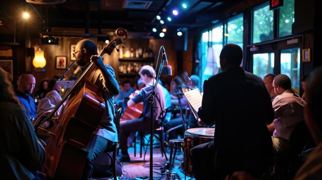 Foto una noche en un club de jazz músicos en medio de una actuación resplandeciente