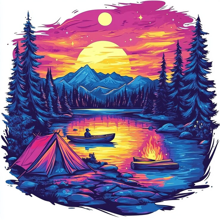 Una noche colorida en el bosque Un campamento en el bosque sereno bajo un cielo estrellado