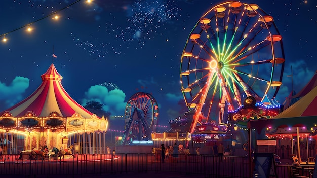 Una noche colorida en un parque de atracciones festivo con rueda gigante y tienda de circo perfecta para el entretenimiento familiar atracción de la vida nocturna animada AI