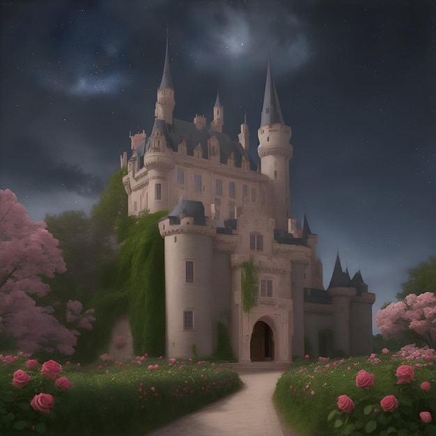 Noche encantada Un castillo realista rodeado de arbustos de rosas en flor