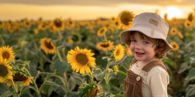 Noche encantada con el niño en girasoles con Copyspace