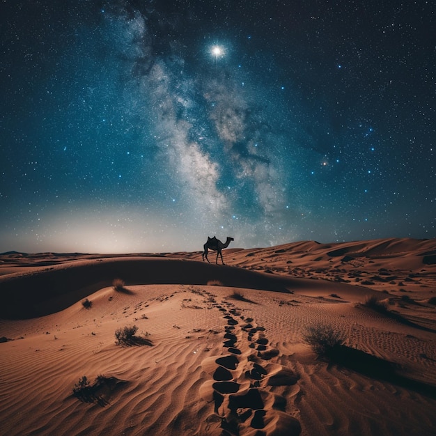 noche estrellada en el desierto con un camello solitario y pistas generativas ai