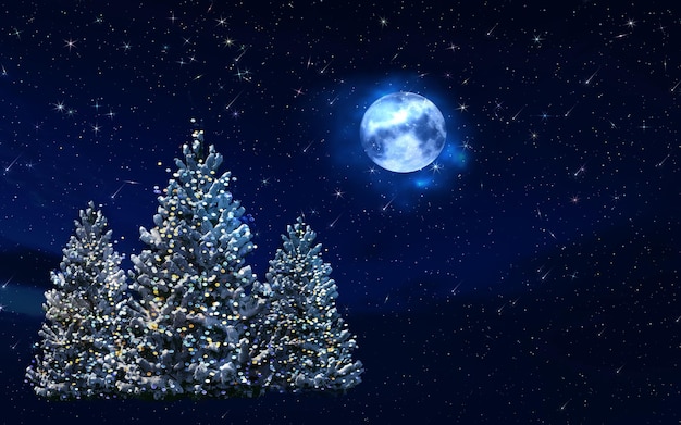 noche estrellada insecto luna y árboles de Navidad festivos decoración saludos navideños plantilla de texto