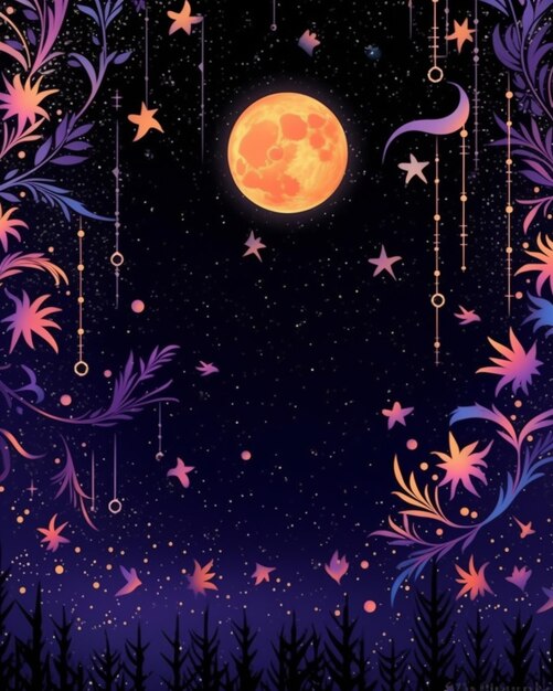 Foto noche estrellada con luna llena y estrellas y flores ai generativa