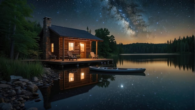 Noche estrellada sobre una cabaña aislada en el lago