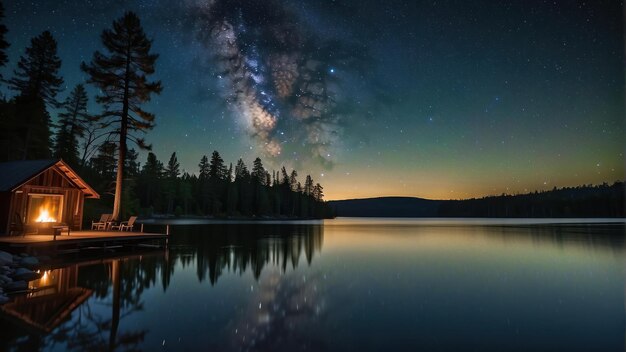 Noche estrellada sobre una cabaña aislada en el lago