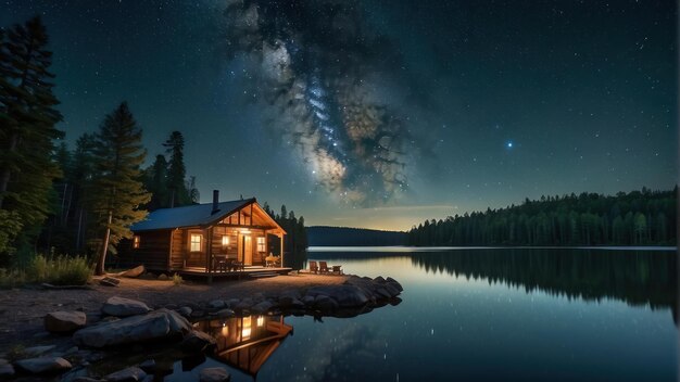 Noche estrellada sobre una cabaña aislada en el lago