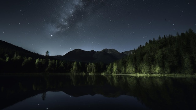 Una noche estrellada sobre un lago con un cielo estrellado arriba