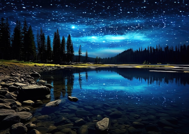 Una noche estrellada sobre un lago de montaña Un paisaje sereno que captura la tranquilidad de la naturaleza