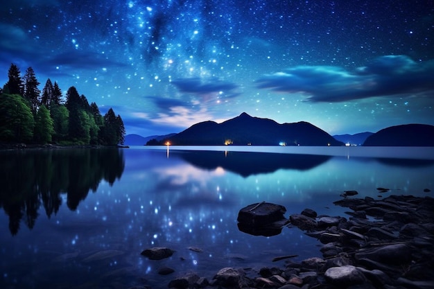 una noche estrellada sobre un lago con montañas y un cielo estrellado