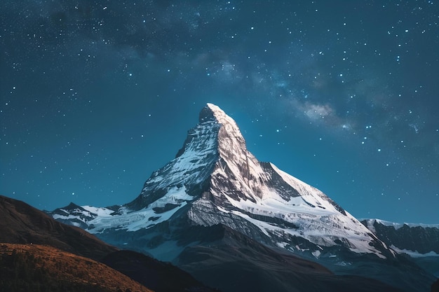 Noche estrellada sobre el pico de la montaña cubierto de nieve