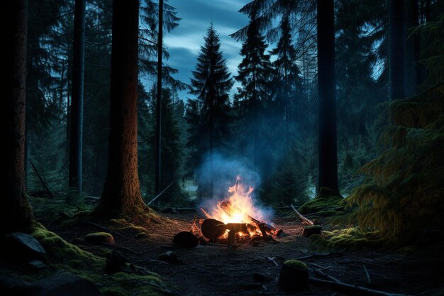 La noche fuego de campamento en el bosque