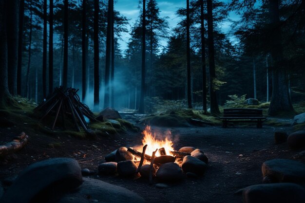 La noche fuego de campamento en el bosque