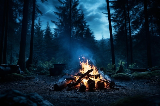 La noche fuego de campamento en el bosque