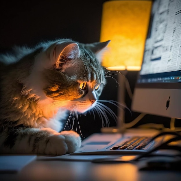 Por la noche, el gato está trabajando en la oficina frente a la computadora con luces encendidas AI