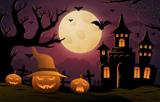 Noche de Halloween con un castillo espeluznante calabazas y murciélagos bajo la luna llena