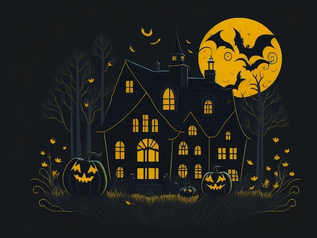 Noche de halloween de diseño plano con calabazas frente a una casa espeluznante