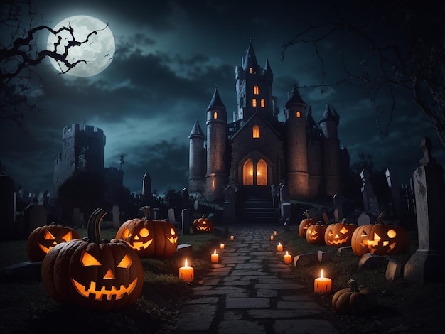 La noche de Halloween espeluznantes calabazas velas y castillo del cementerio